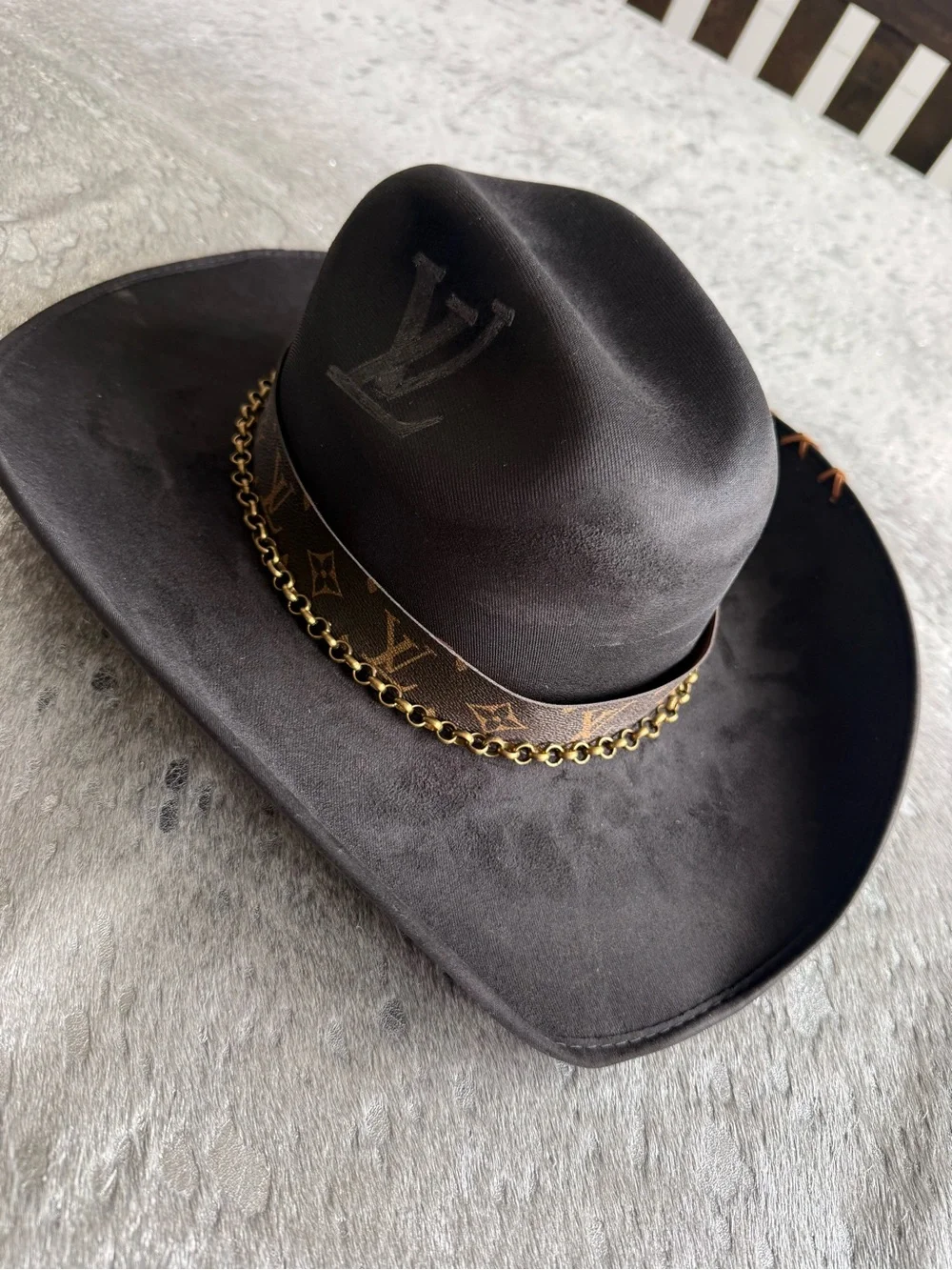 Louis Vuitton Black Western Hat with Gold Chain
